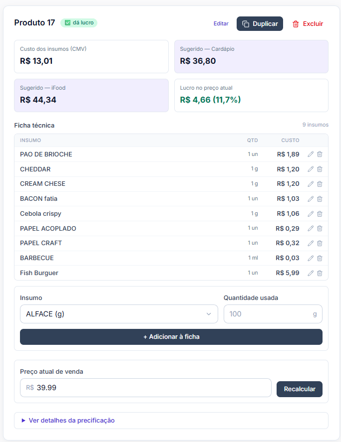 Ficha técnica de um produto no Audens Finance: custo dos insumos, preço sugerido para o cardápio, preço sugerido para o iFood, lucro no preço atual e a lista de insumos com quantidade e custo de cada um.